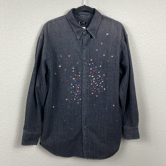 SOLD Mother Extra Roomie Frenchie Button Front Denim Shirt Jacket Jewel Thief M - Picture 3 of 15